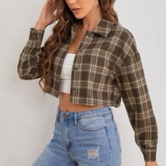 SHEIN Tops - SHEIN Brown Plaid Cropped Button-Down Shirt